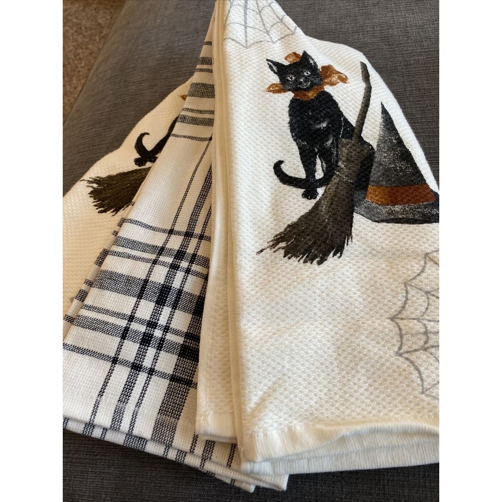NWT Storehouse Seasonal Ghost Halloween Set 3 Kitchen Towels Black Cat Broom